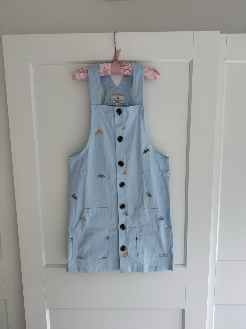 Classic Prep Light Blue Embroidered Bicycle Pinafore Overalls NWT